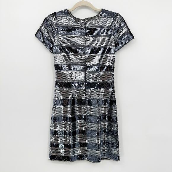 Aidan Mattox Striped Sequin Glitter Mini Cocktail Dress Blue Silver 2 - Picture 10 of 11